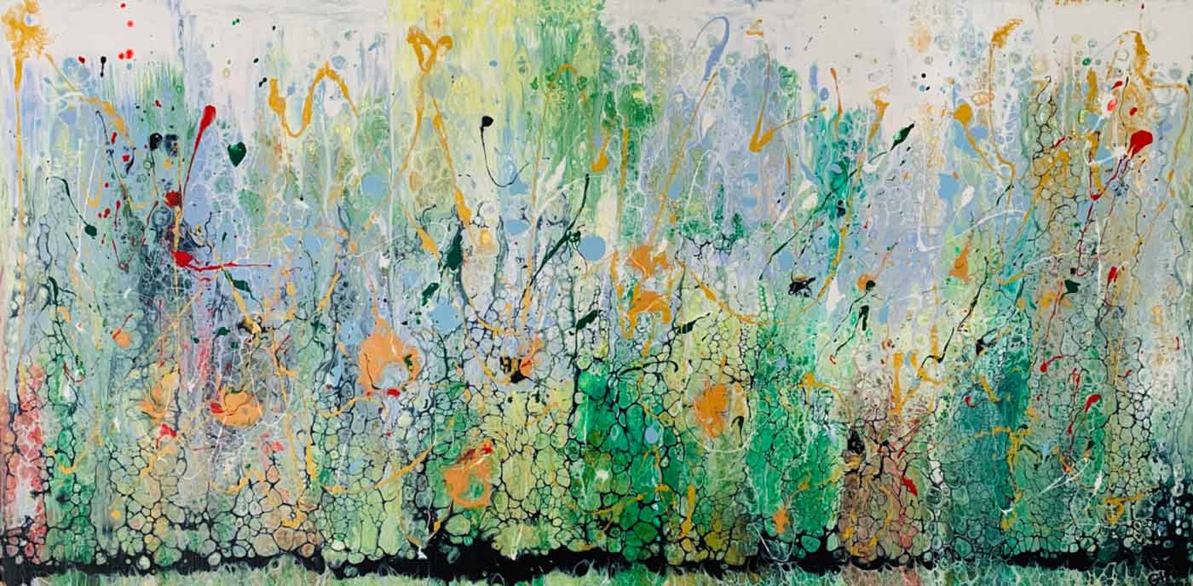 Feel good, Pouring auf Leinwand Feel good. Eine bunte Sommerwiese.