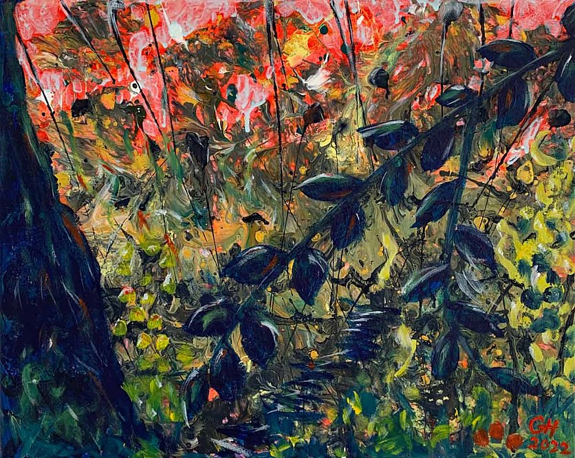 Jungle, Mischtechnik und Acryl auf Canvas Ein buntes abstractes Acrylbild. Rotglühender Sonnenuntergang im Dschungel.