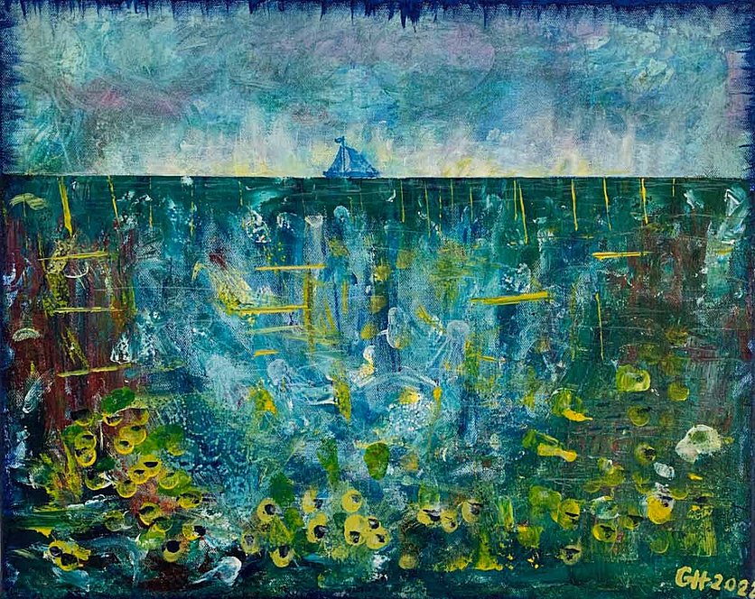 Boat, Acrylbild, Mischtechnik auf Canvas Acrylfarben in blauen Tönen lassen an ein Meer denken. Ein Schiffchen fährt darüber.