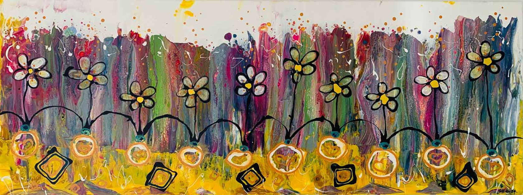 10 Flowers, Mischtechnik, Acryl und Pouring auf Leinwand 10 weisse Blumen auf einem bunten Hintergrund